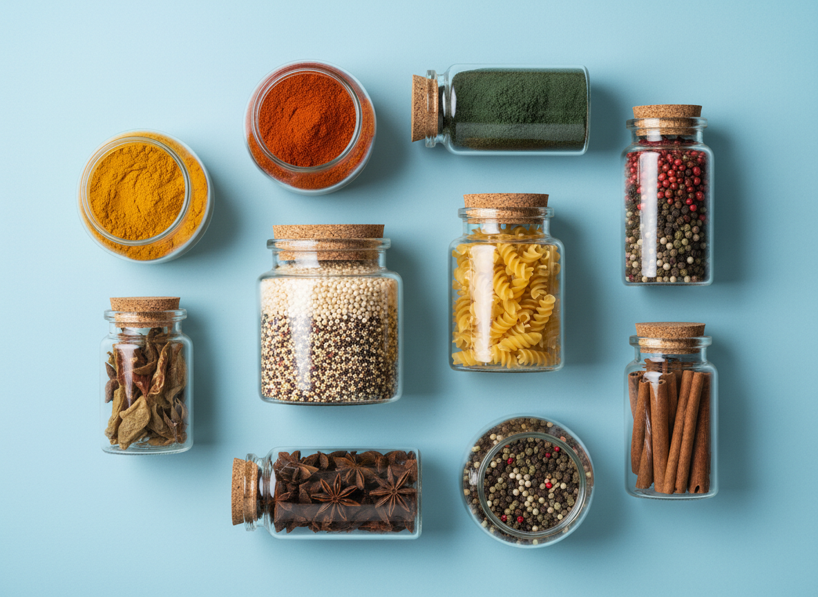 firefly gemini flash top view flat lay, glass containers neatly arranged on pastel blue background, food i 108554