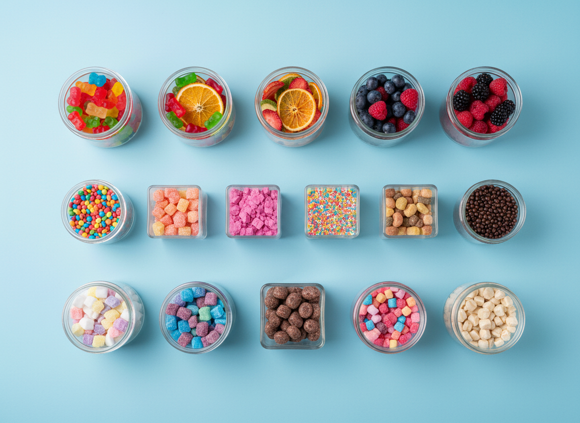 firefly gemini flash top view flat lay, transparent glass containers arranged neatly on a pastel blue back 108554