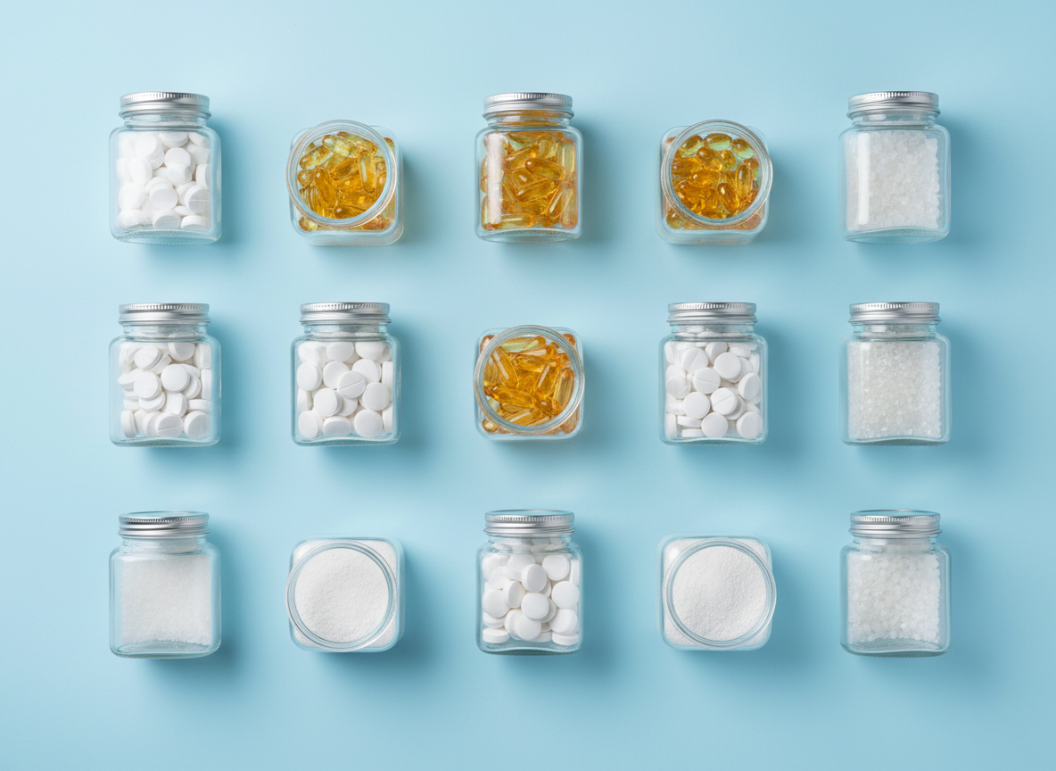 firefly gemini flash top view flat lay, transparent glass jars and containers neatly arranged in a grid on 108554