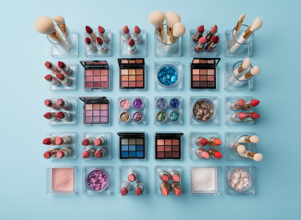 firefly top view flat lay, transparent glass jars and containers neatly arranged in a clean g 108554