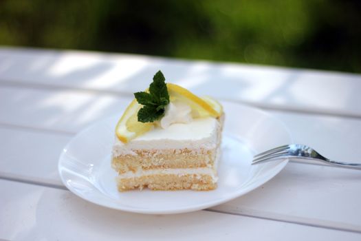 Delicious lemon cream cake slice garnished with lemon and mint on white plate.