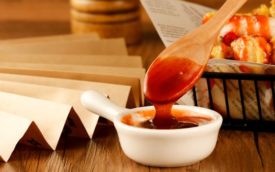A wooden spoon dripping savory sauce into a small bowl, perfect for food and cooking themes.